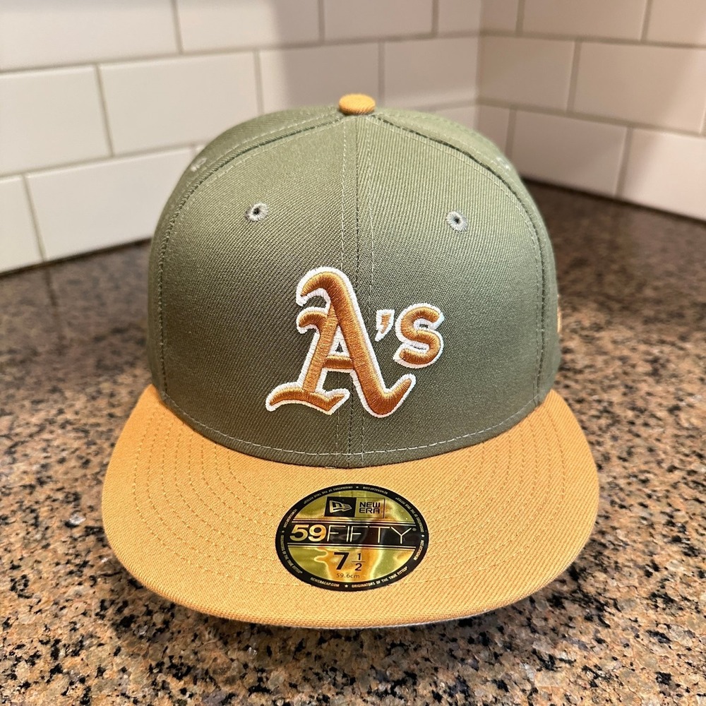 Oakland A's New Era‎ 59FIFTY Fitted Hat 7 1/2 Olive Green Gold MLB Cap New